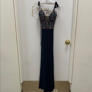 Faviana Navy and Multicolor Embellished Maxi Dress